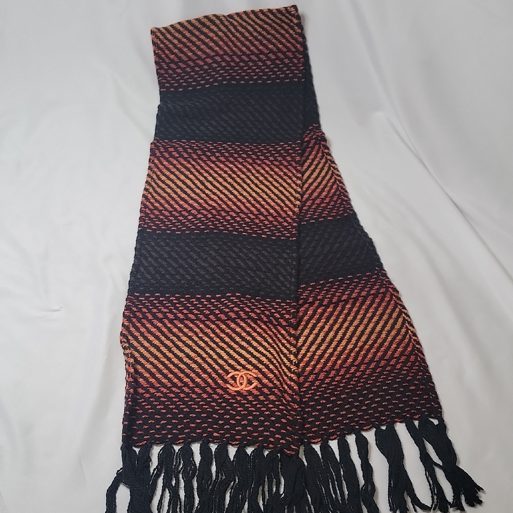CHANEL Black and Orange Striped Scarf